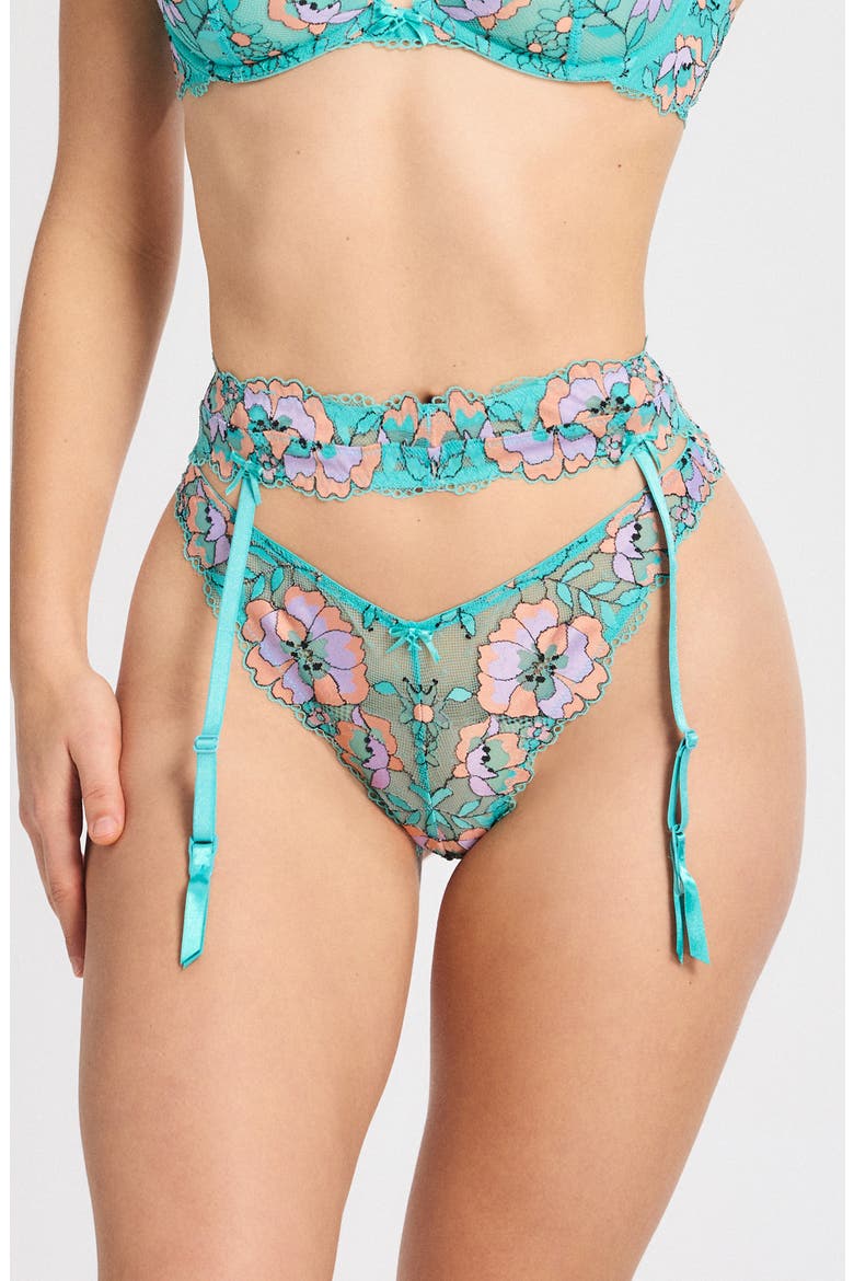 Floral Trip Lace Garter Belt, Main, color, TEAL THUNDER