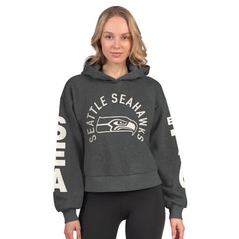 Women
s Starter  Heather Charcoal Seattle Seahawks Star Player Cropped Fleece Pullover Hoodie