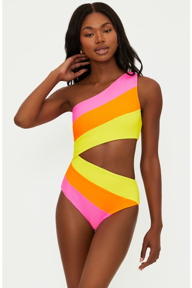 Joyce Stripe Cutout One-Shoulder One-Piece Swimsuit, Alternate, color, SOLEIL COL
