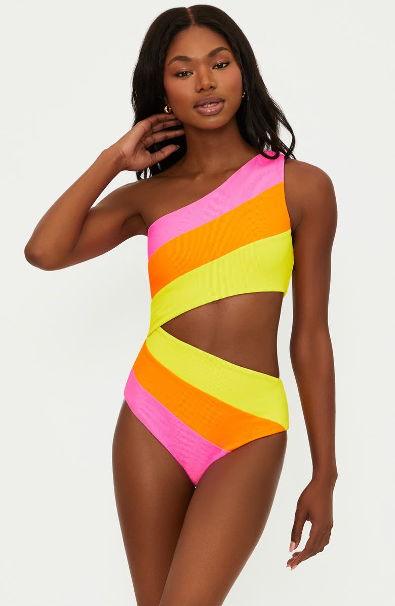 Beach Riot Joyce Stripe Cutout One-Shoulder One-Piece Swimsuit, Alternate, color, Soleil Col