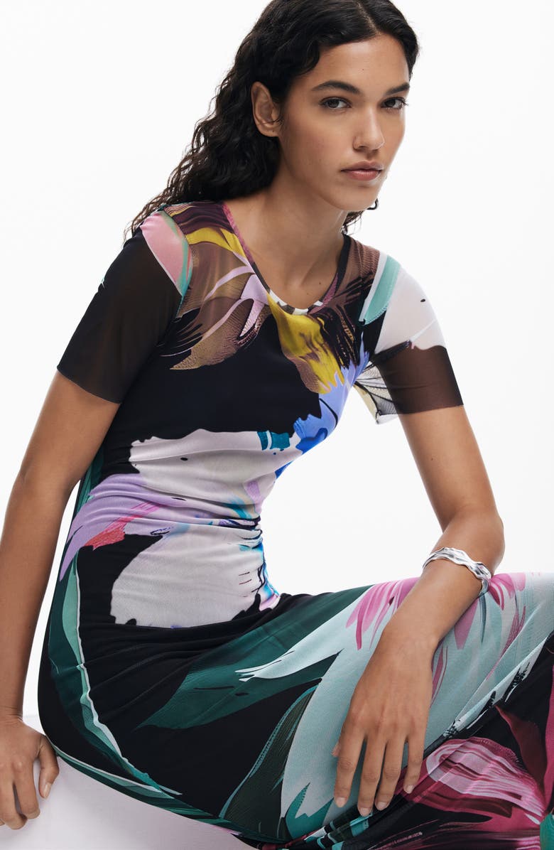 Desigual Floral Print Mesh Maxi Dress, Alternate, color, Black