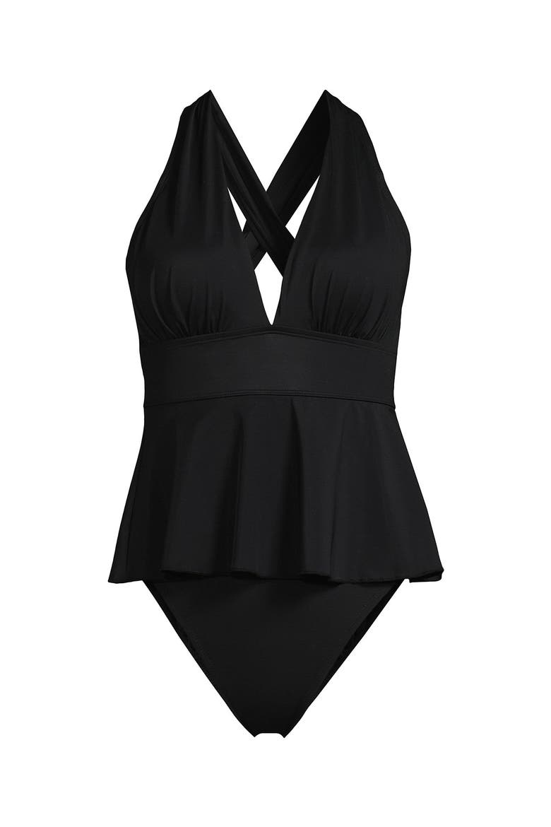 SlenderSuit Plunge Ruched X-Back Ruffle Fauxkini One Piece Swimsuit, Alternate, color, Black