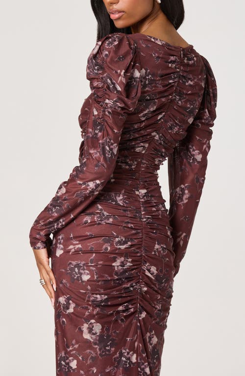 Astr The Label Long Sleeve Ruched Mesh Midi Dress In Brown