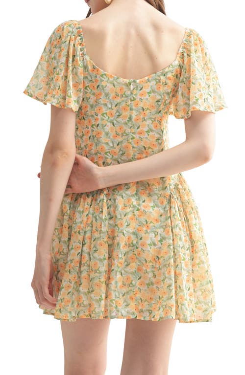 Lush Floral Flutter Sleeve Minidress In Brown