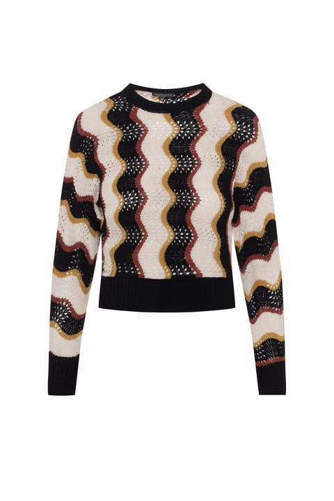 Crochet Vertical Chevron Long Sleeve Ribbed Trim Knit Top