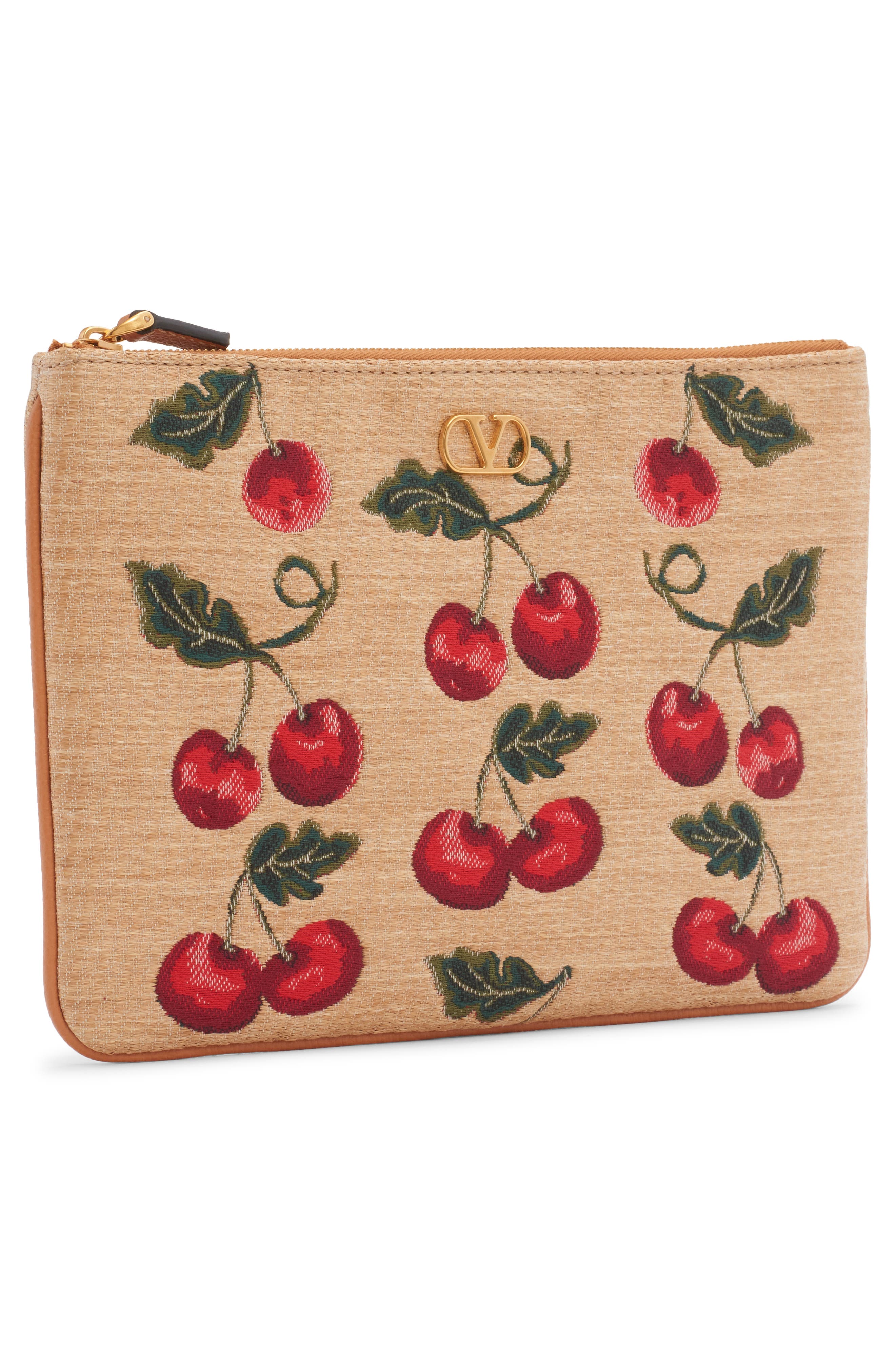 Valentino Garavani Medium VLOGO Cherry Jacquard Raffia Clutch, Alternate, color, R9f Natural/ Multi/ Camel
