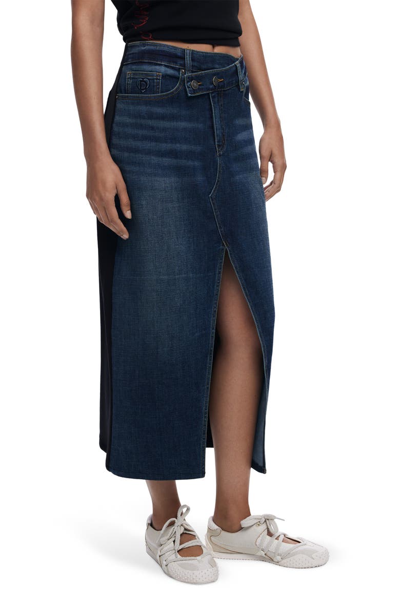 Mixed Media Denim Midi Skirt, Main, color, MEDIUM BLUE