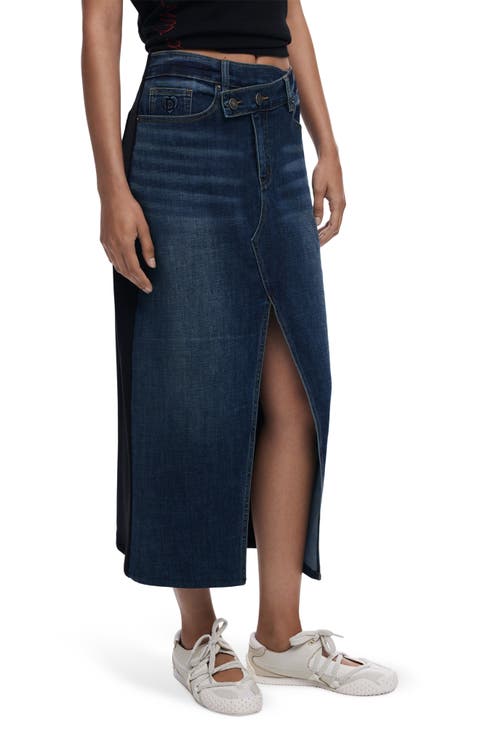 Mixed Media Denim Midi Skirt