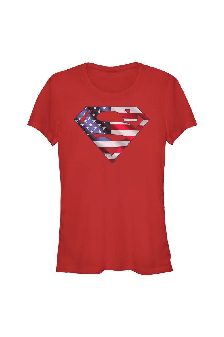 Juniors Superman American Shield Logo T Shirt, Main, color, Red