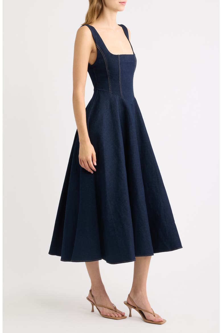 Square Neck Cotton Blend Denim Midi Dress, Alternate, color, DARK BLUE