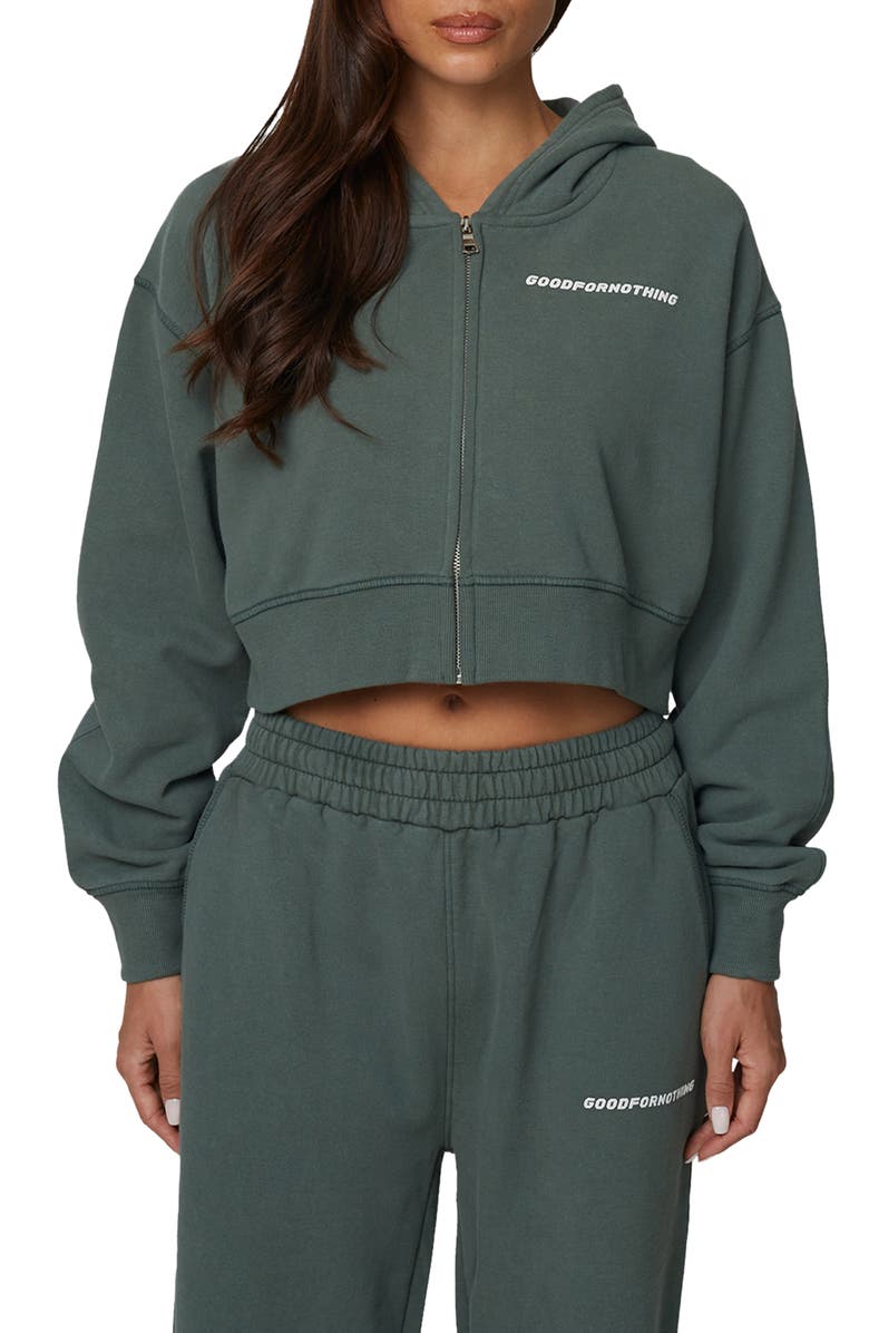 Good For Nothing Essential Cropped Zip Hoodie, Main, color, Green