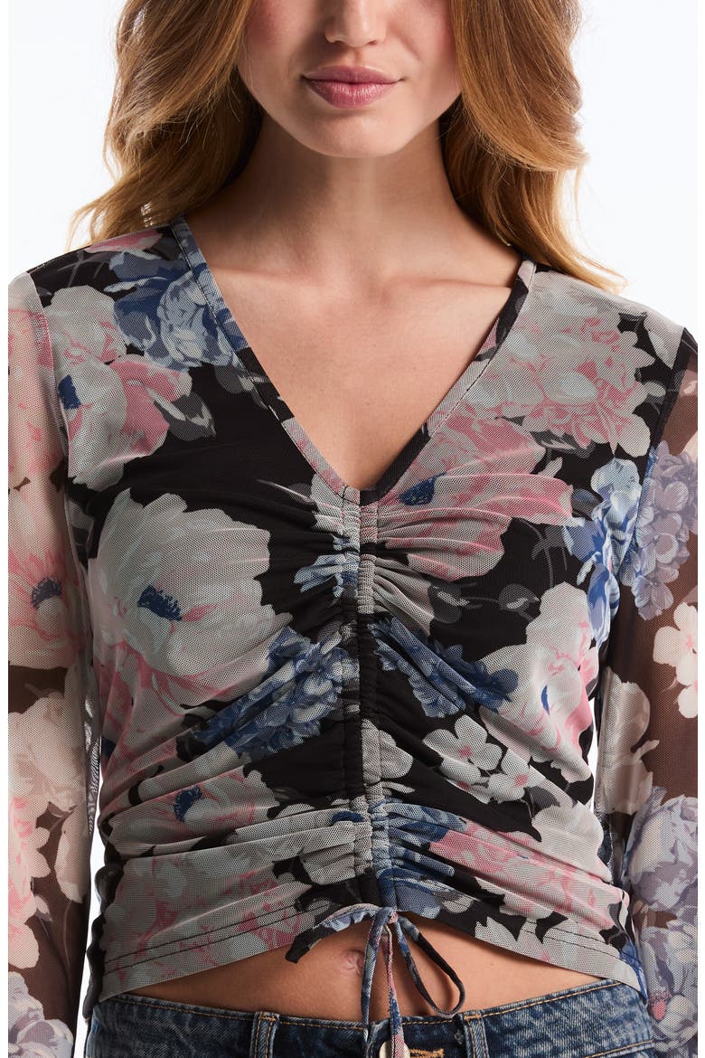 Printed Ruched Mesh Top, Alternate, color, BLACK
