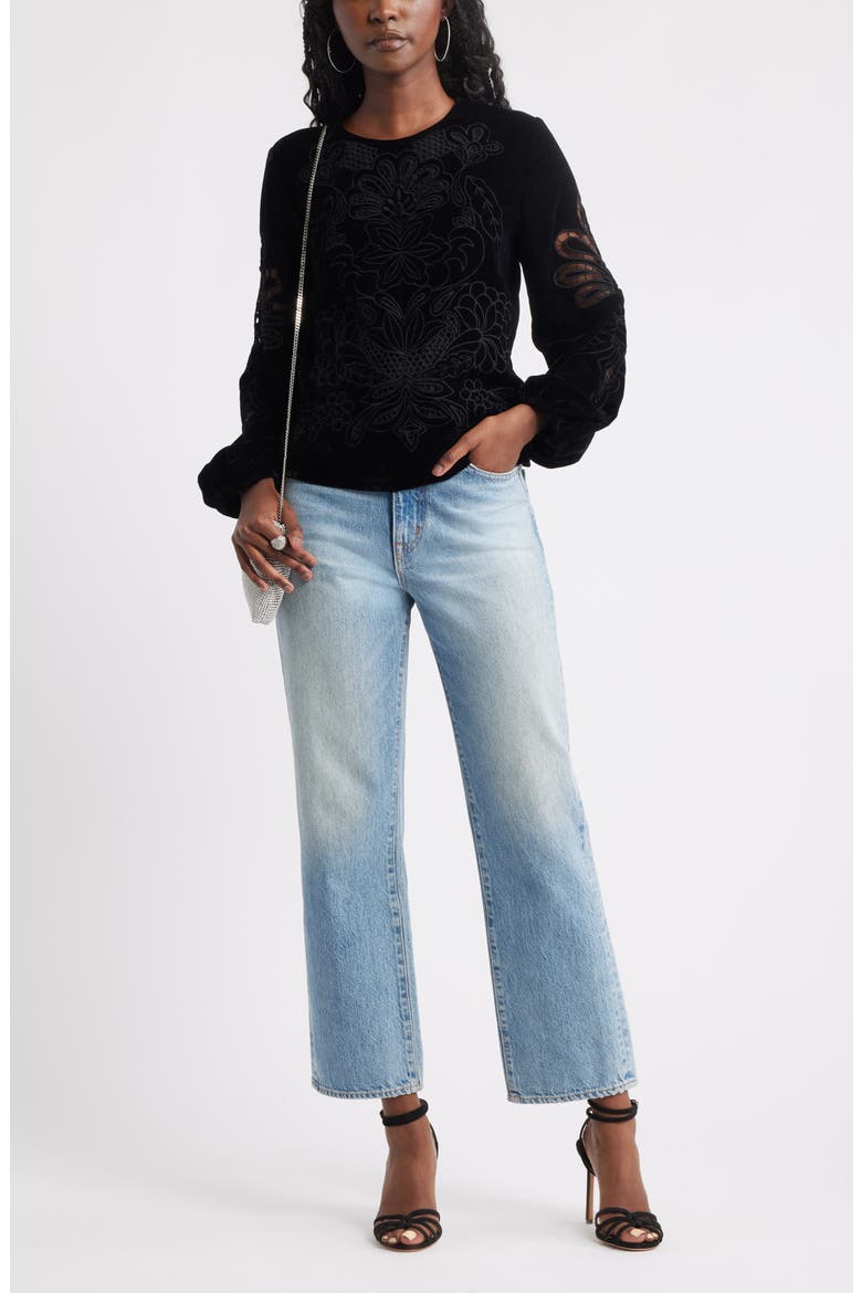 Velour Floral Cutwork Top, Alternate, color, BLACK