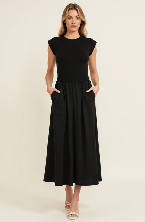 Cap Sleeve Fitted Bodice Dress with Gathered Midi Skirt and Pockets