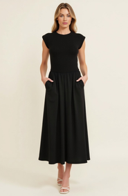 Modenaire Cap Sleeve Fitted Bodice Dress with Gathered Midi Skirt and Pockets