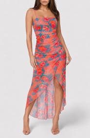 bebe Floral Mesh High-Low Maxi Dress