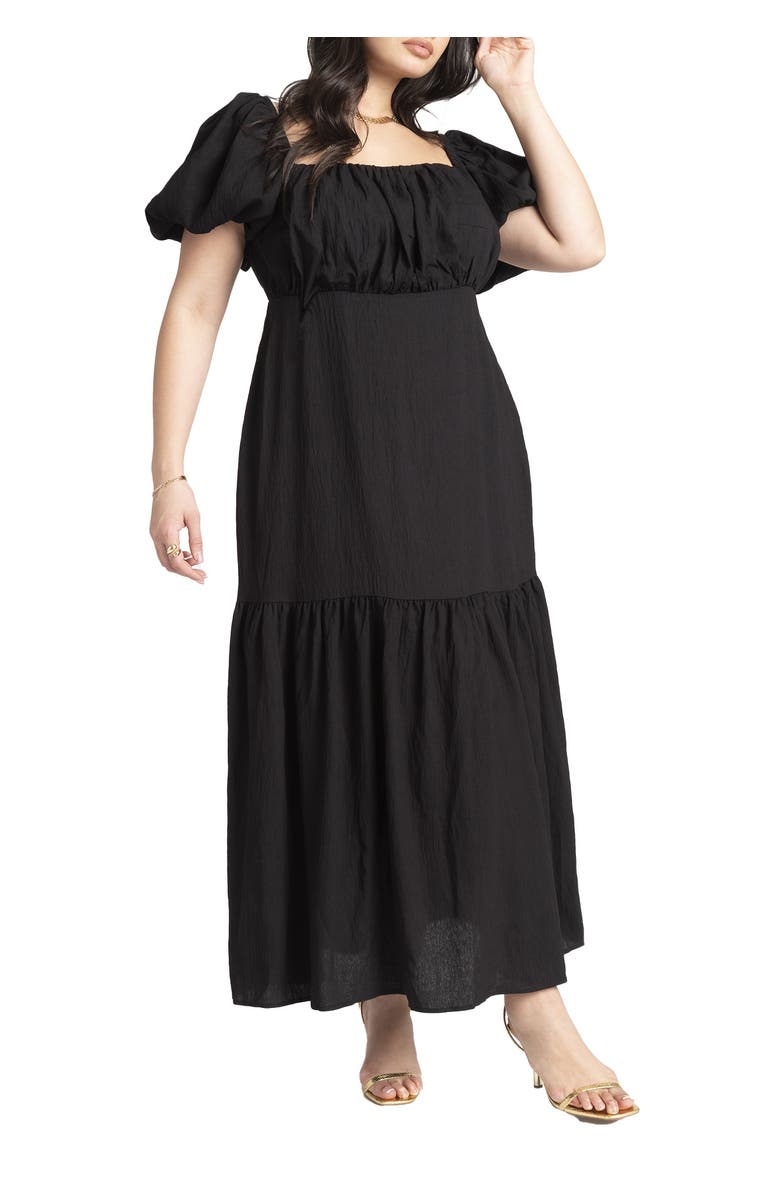 ELOQUII Puff Sleeve Tiered Dress, Main, color, Black Onyx