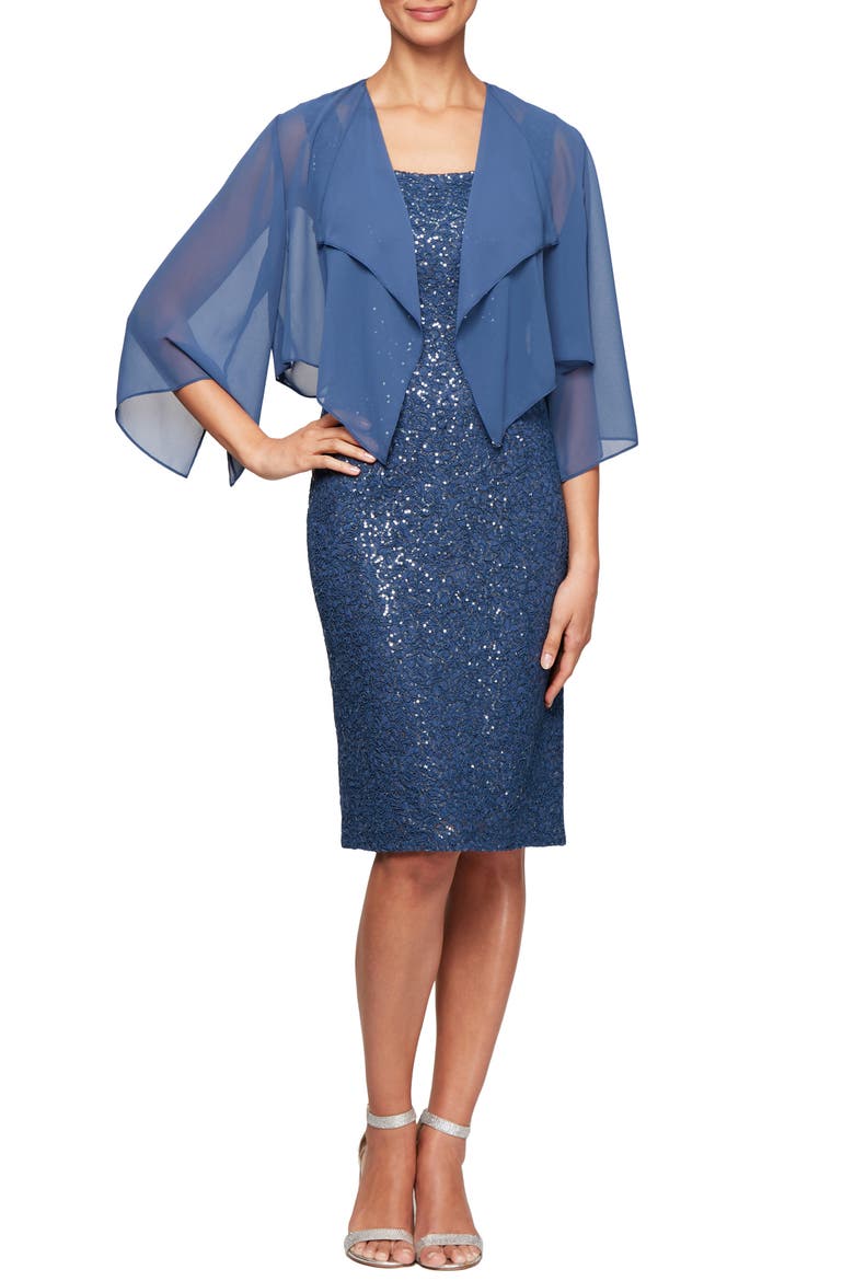 Sequin Lace Cocktail Dress with Capelet Overlay, Main, color, WEDGEWOOD
