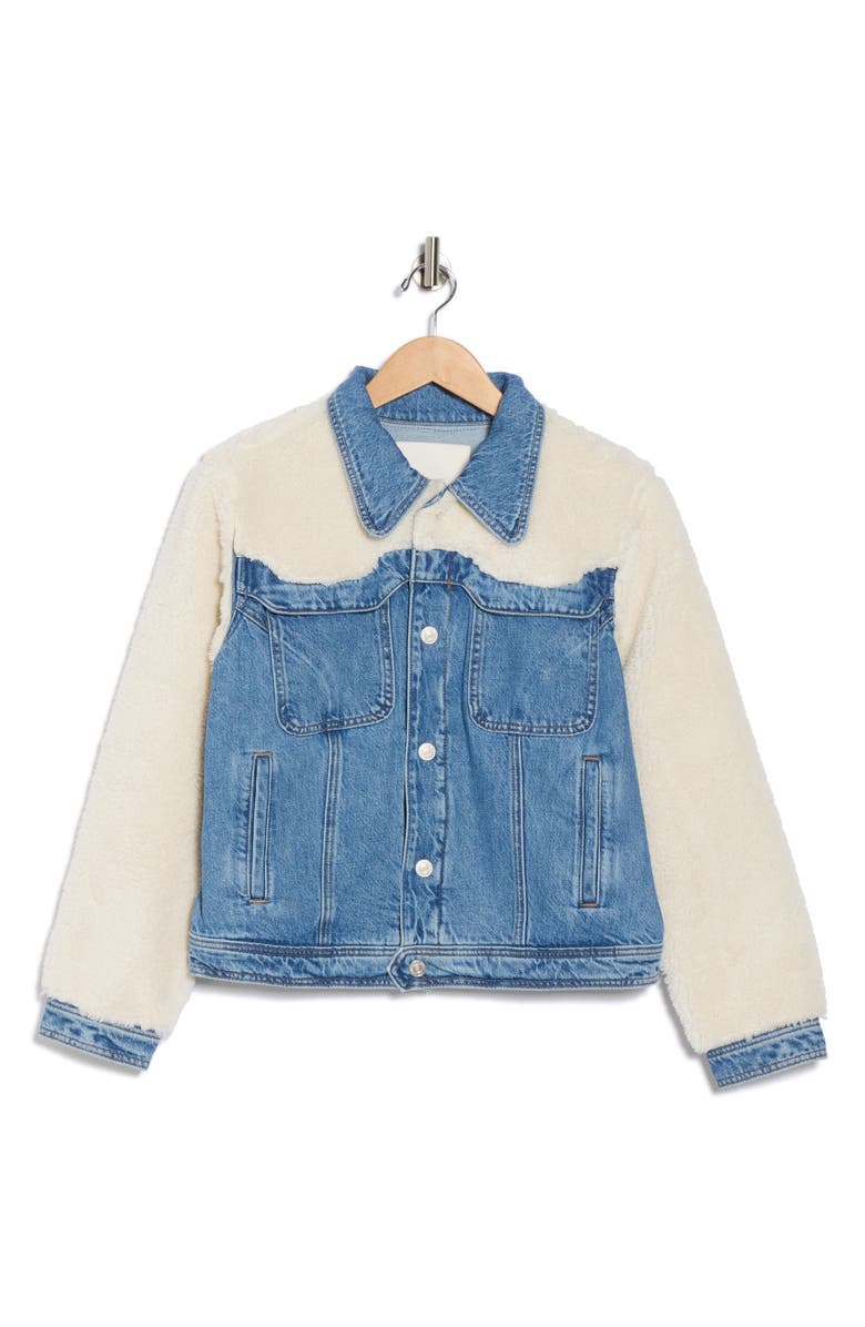 MOTHER The Backbend Fleece Trim Denim Trucker Jacket, Alternate, color, Deans List