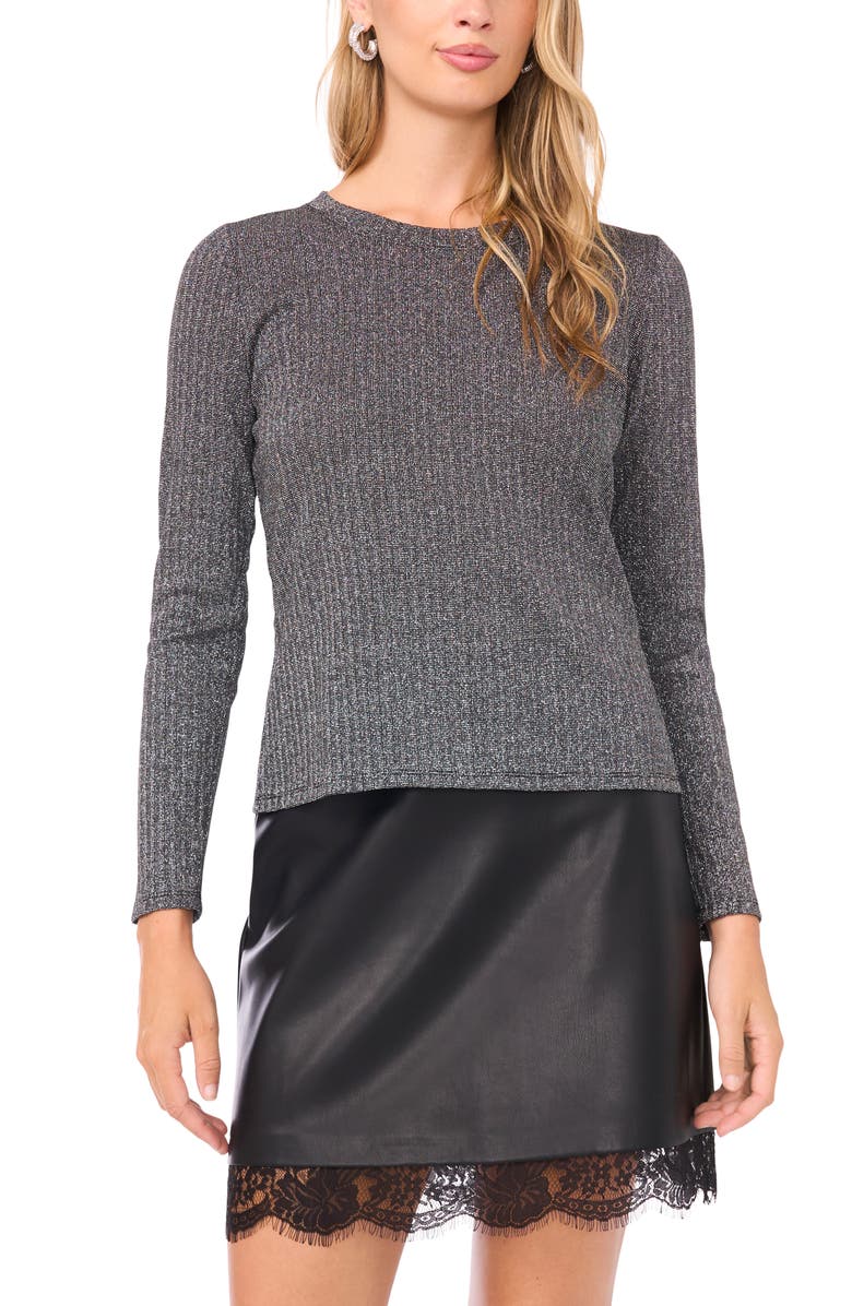 Vince Camuto Metallic Long Sleeve Top, Main, color, Rich Black