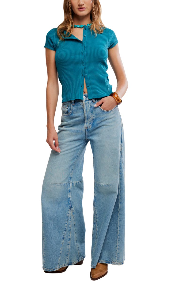 Free People Most Wanted Short Sleeve Cotton Blend Cardigan, Alternate, color, Bayside