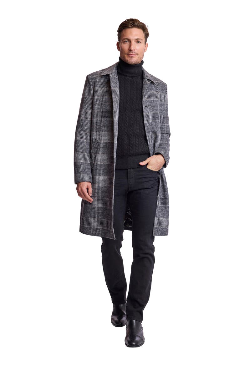 Glen Check Wool Blend Overcoat, Alternate, color, BLACK AND WHITE CHECK