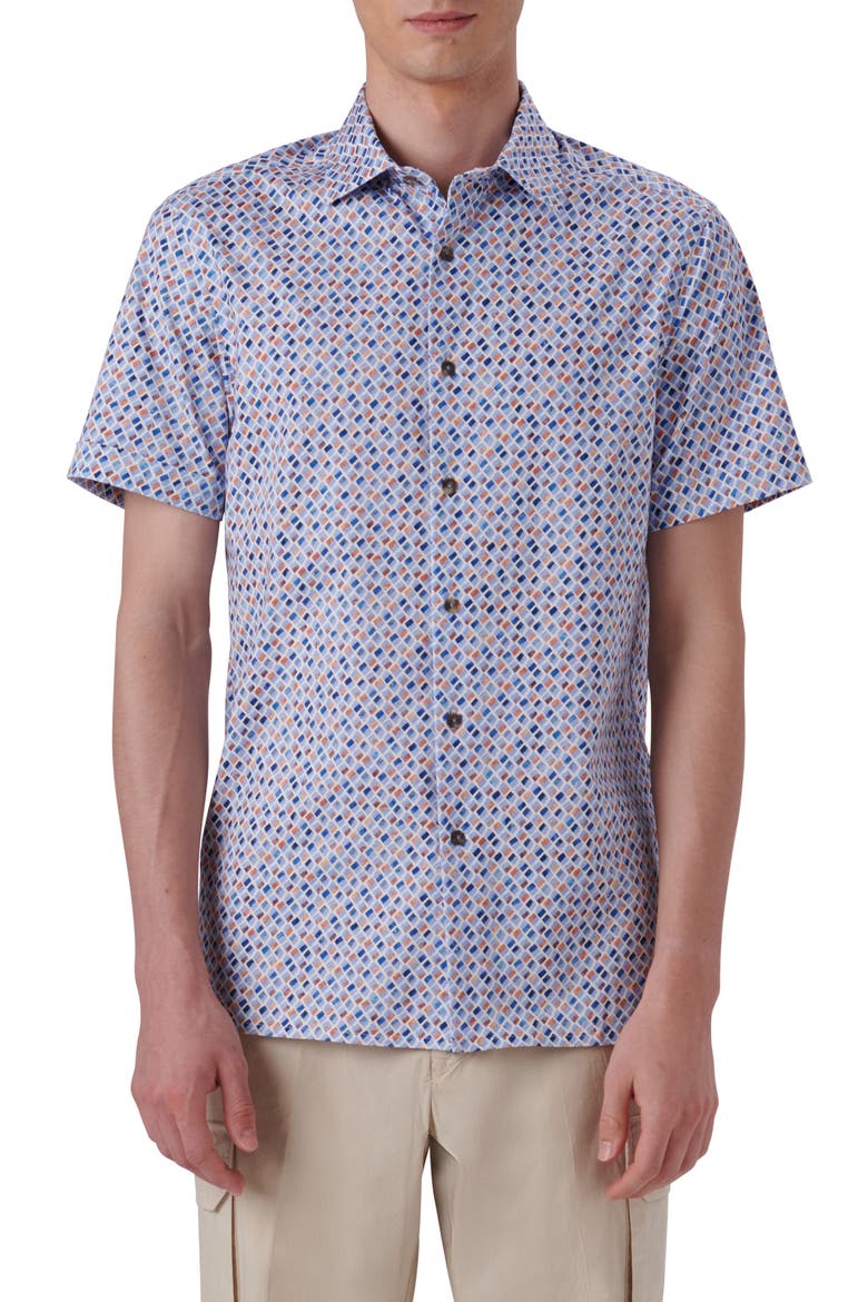 OoohCotton® Geo Print Short Sleeve Button-Up Shirt, Main, color, TOBACCO