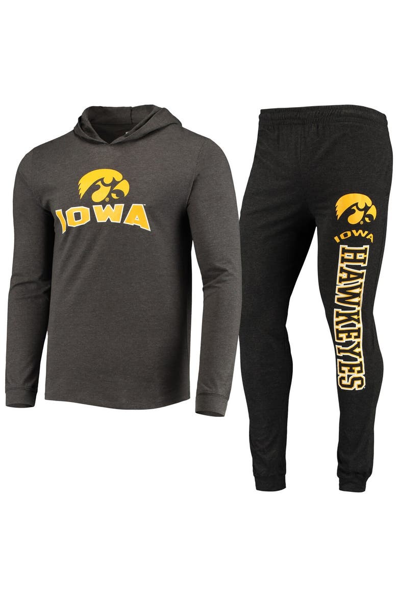 Men's Concepts Sport Black/Heather Charcoal Iowa Hawkeyes Meter Long Sleeve Hoodie T-Shirt & Jogger Pajama Set, Main, color, Black