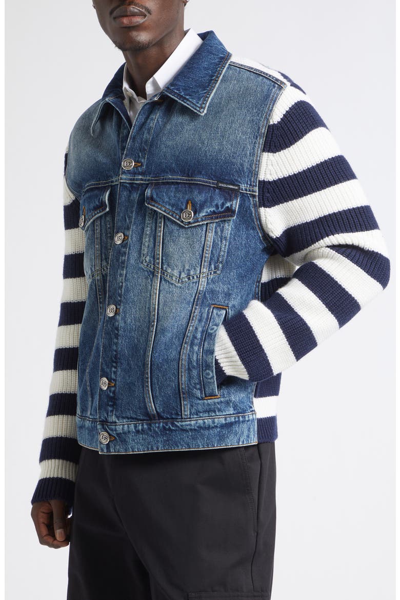 Mixed Media Stripe Wool & Cotton Denim Cardigan Jacket, Alternate, color, VARIANTE ABBINATA
