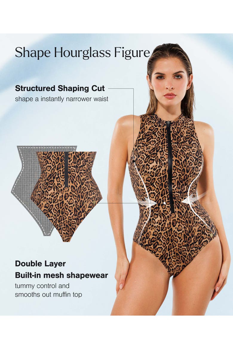 Zipper Front One-Piece Swimsuit with High Leg Cut, Alternate, color, Leopard