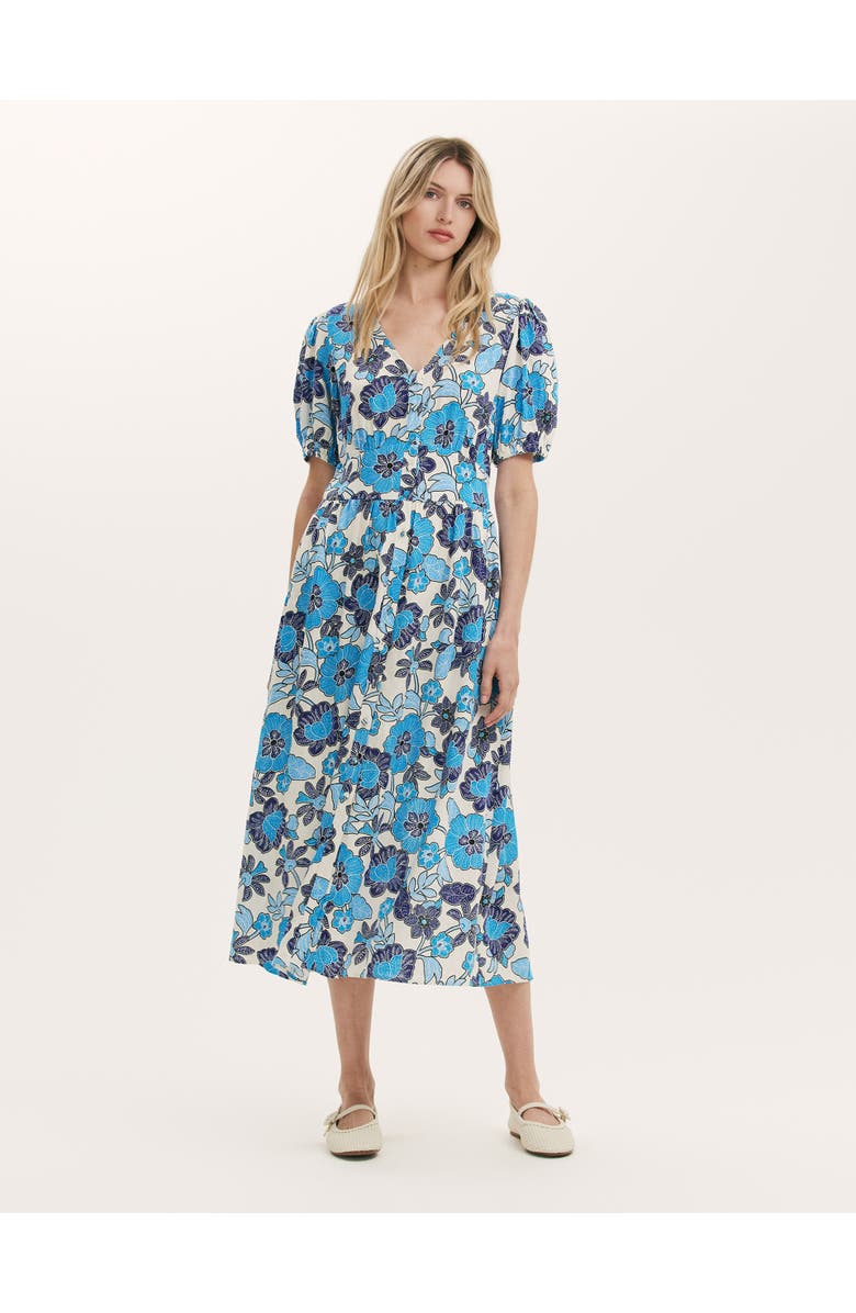 Finery London Addison Floral Linen Blend Midi Dress, Main, color, Blue Flower