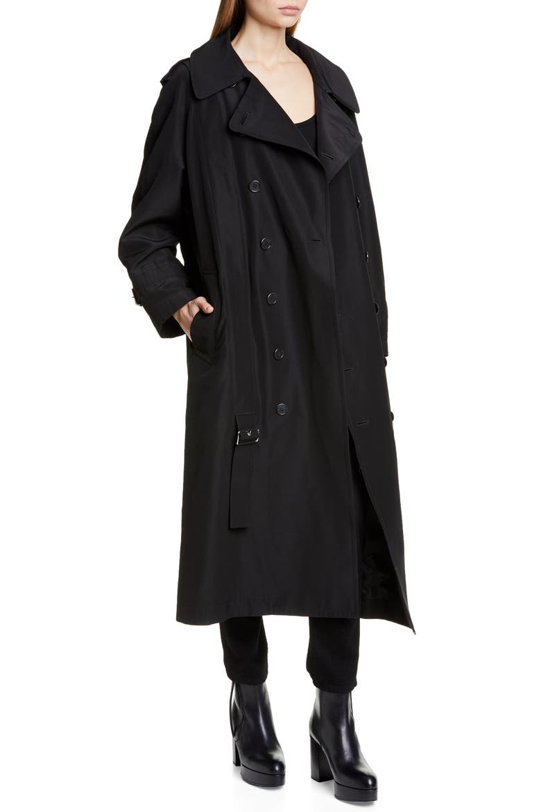 Belt Ruched Double Breasted Cotton & Silk Coat, Alternate, color, BLACK