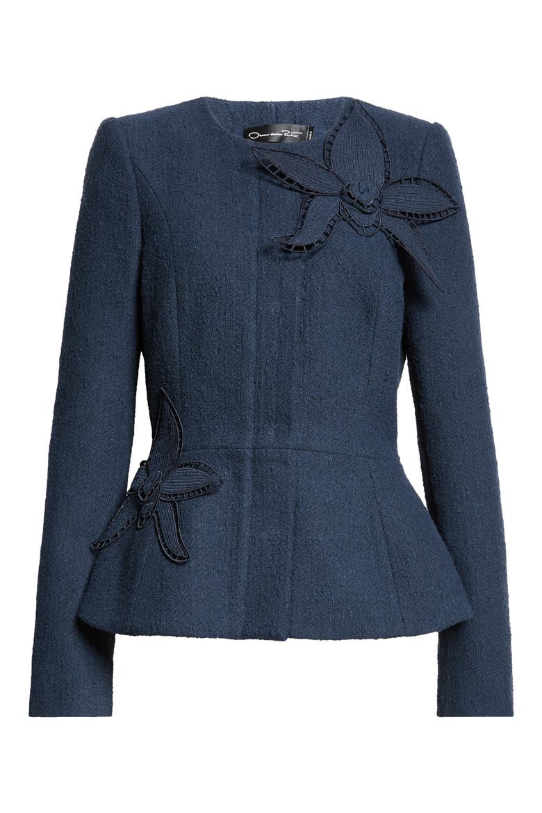 Orchid Appliqué Tweed Peplum Jacket, Alternate, color, NAVY