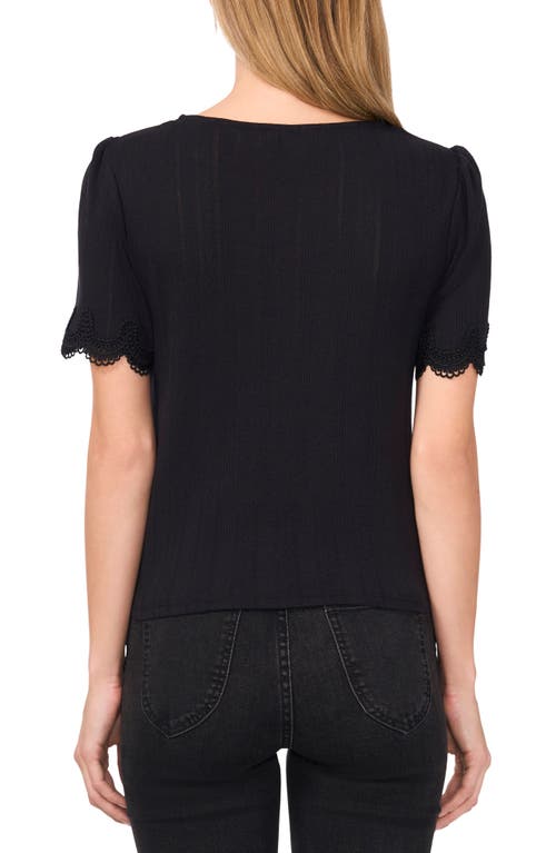 Cece Pointelle Stitch Scalloped Cuff Cotton Blend Top In Rich Black