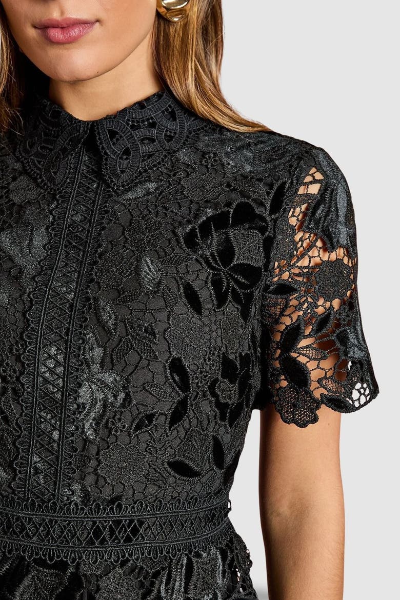 Velvet Lace Collared Midi Dress, Alternate, color, Black