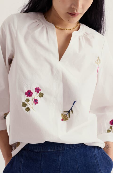Grace Floral Embroidered Organic Cotton Popover Top