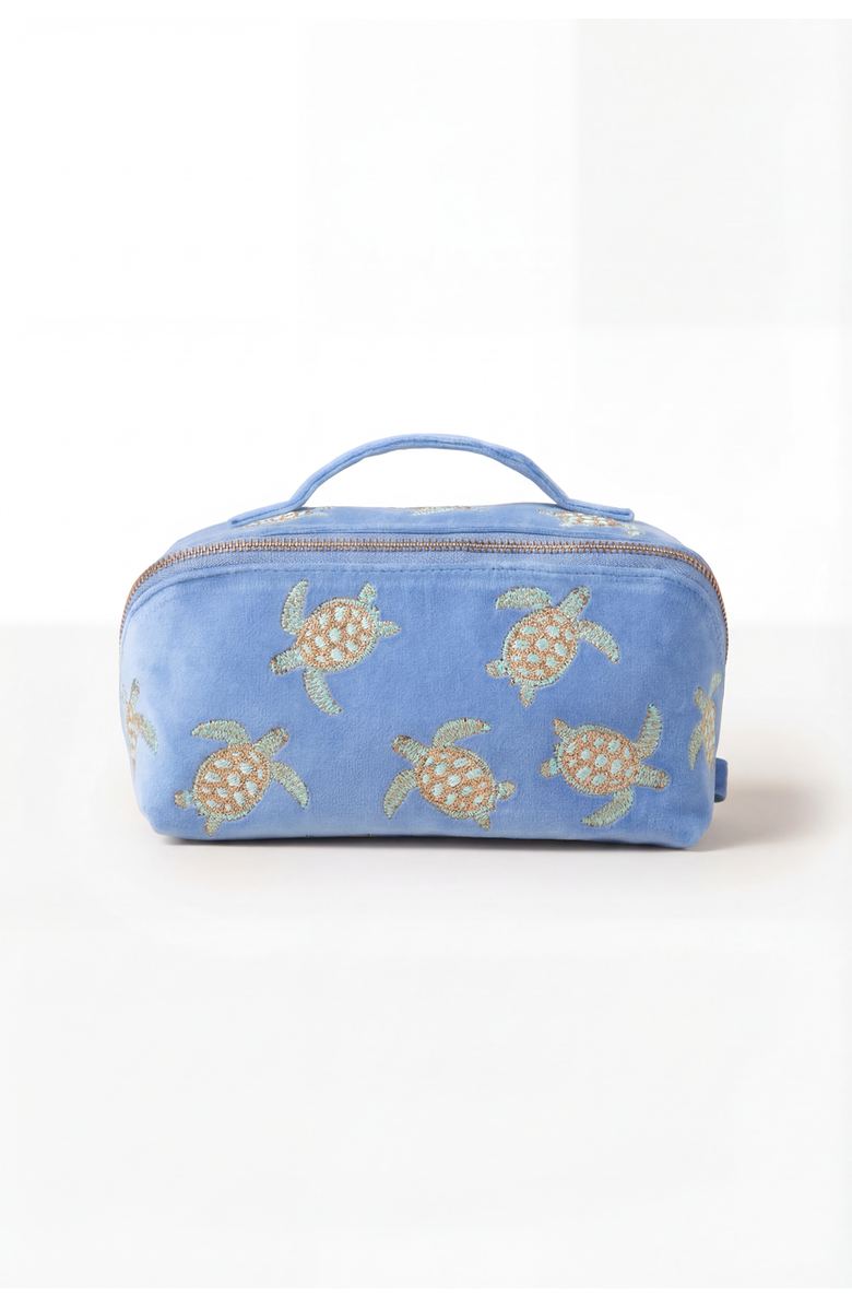 Elizabeth Scarlett Turtle Conservation Velvet Open Flat Makeup Bag, Main, color, Caribbean Blue