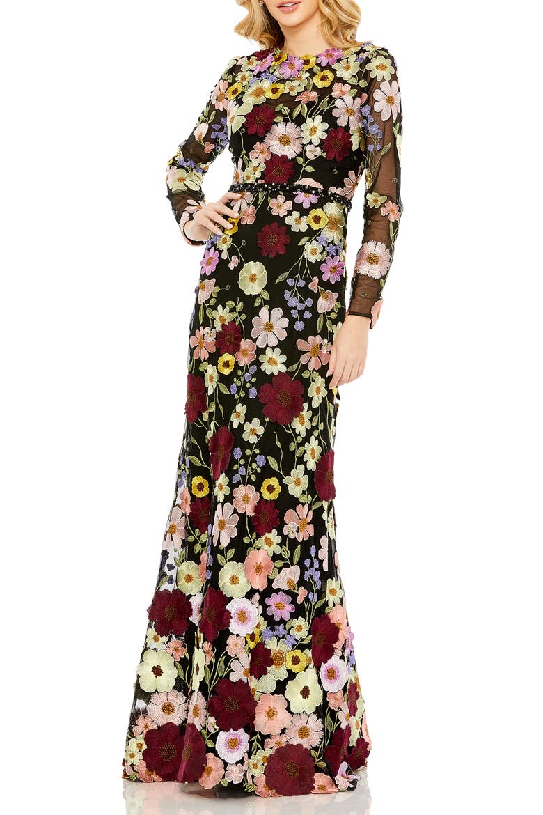 Embroidered Appliqué Long Sleeve Mesh Gown, Main, color, BLACK MULTI
