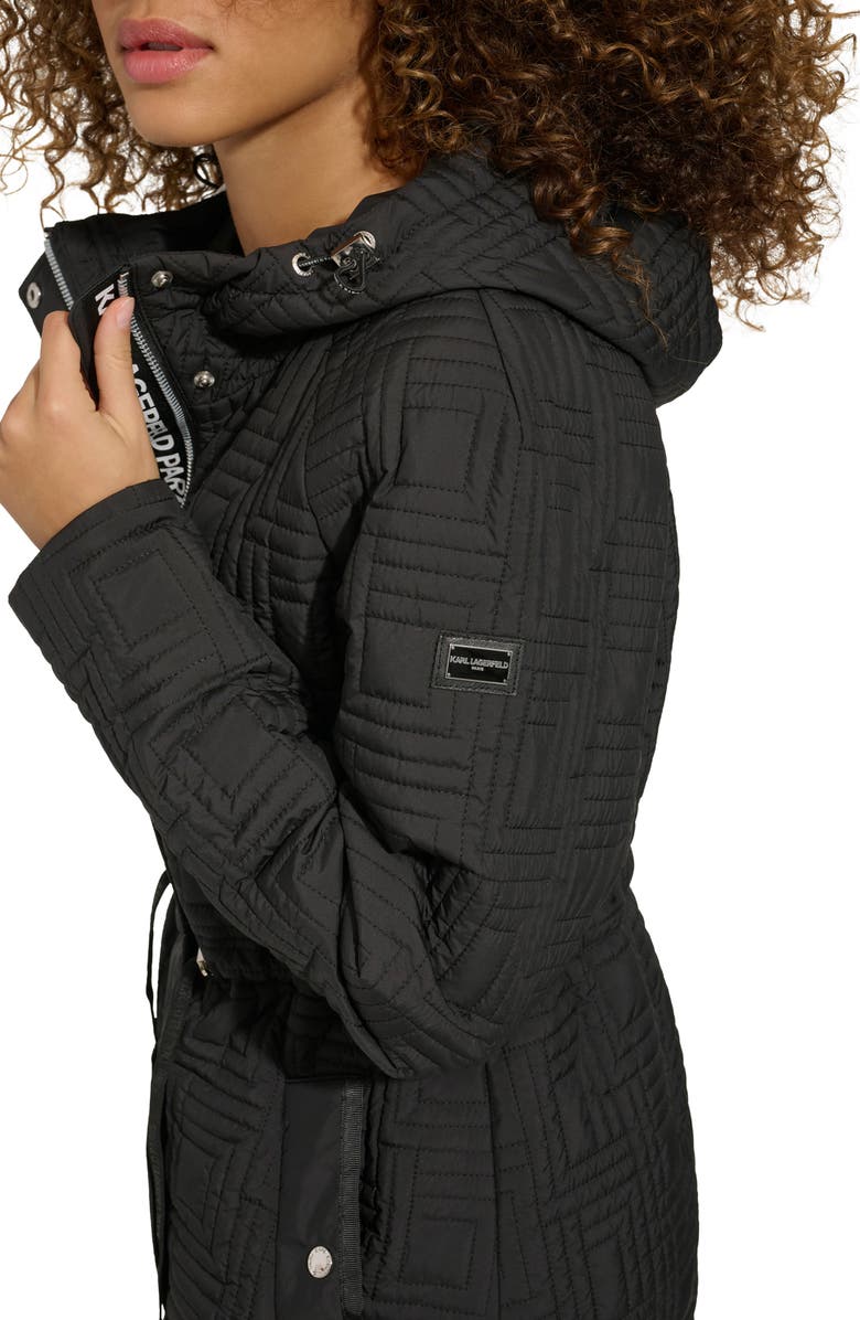 KARL LAGERFELD PARIS Hooded Quilted Long Jacket, Alternate, color, Black