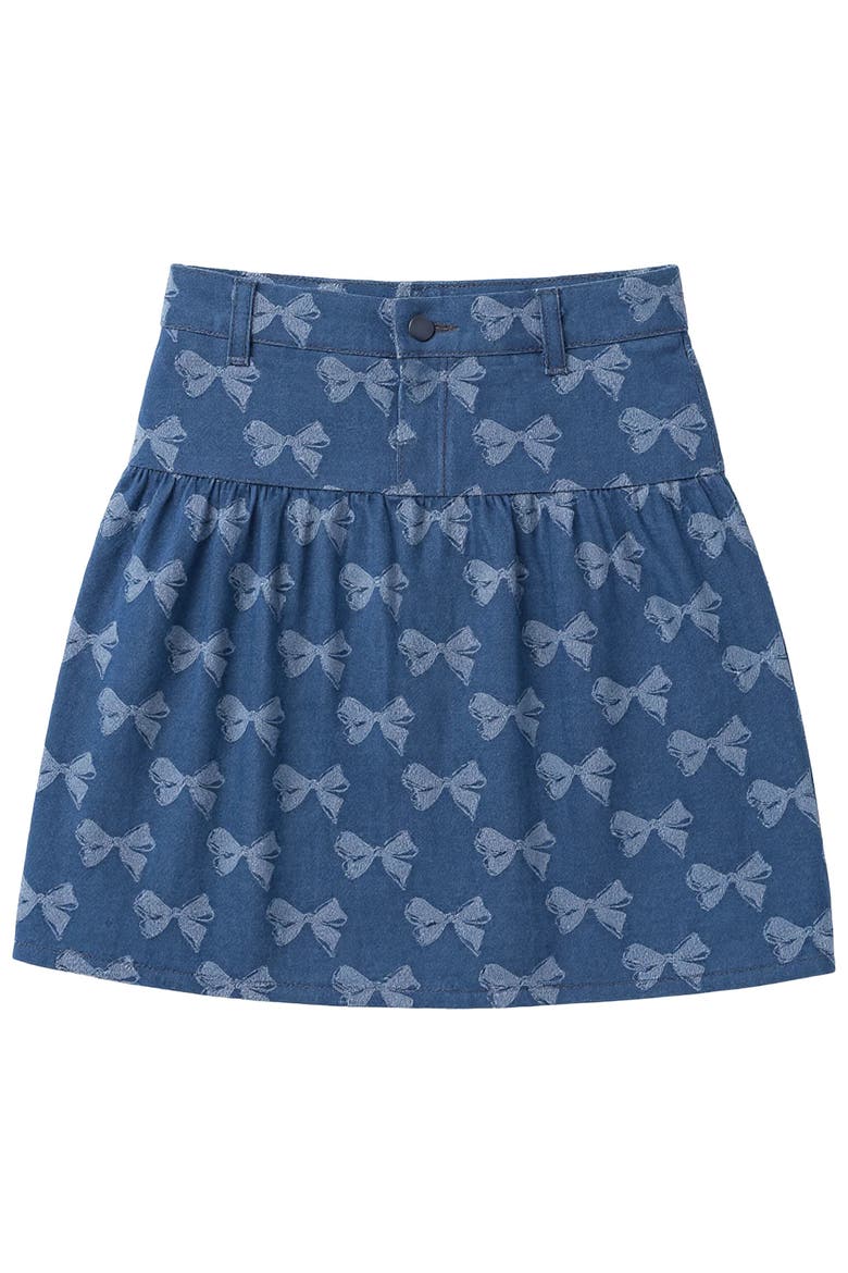 Bow Denim Fly Snap Front Elastic Back Waist Skirt, Main, color, Dark Denim