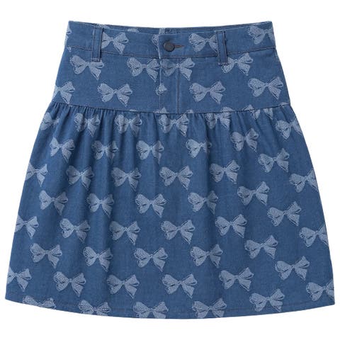 Bow Denim Fly Snap Front Elastic Back Waist Skirt