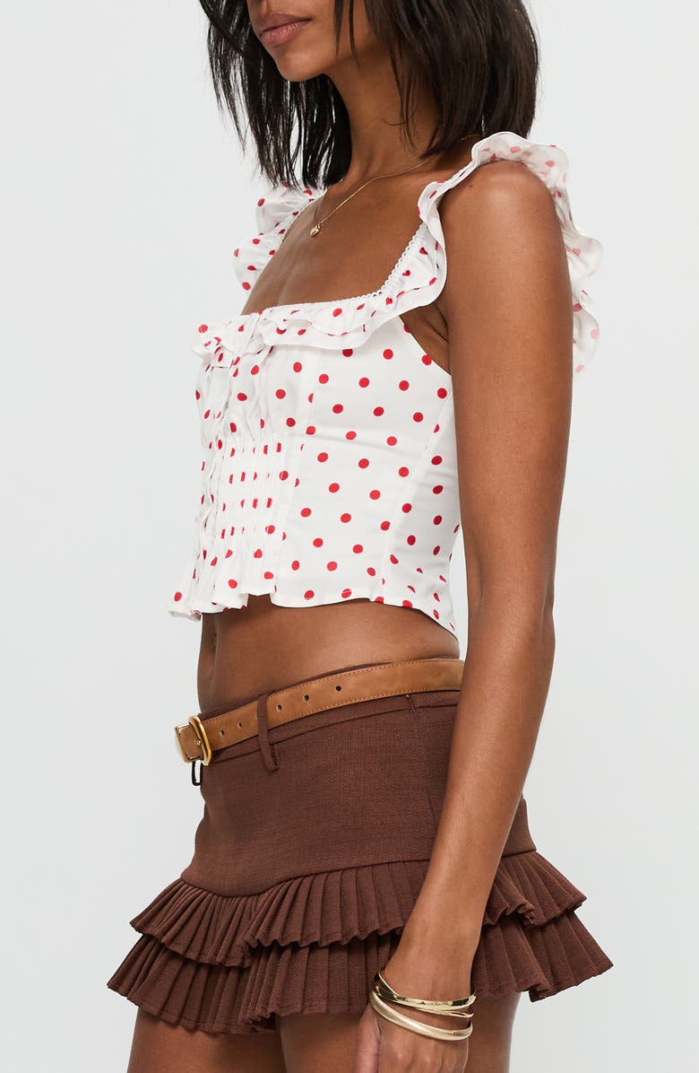 Princess Polly Isadoria Polka Dot Ruffle Trim Crop Tank, Alternate, color, White / Red Polka