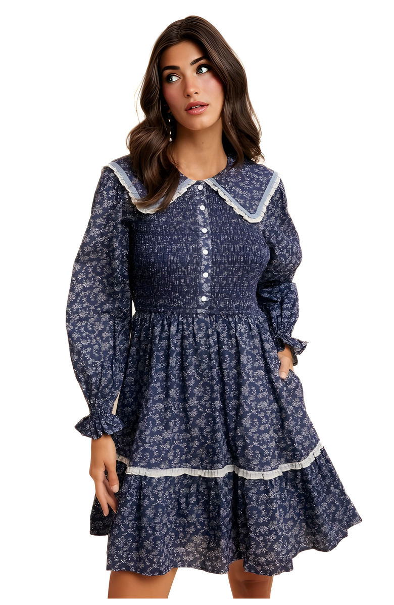 Knit and Lounge Floral Shirred Contrast Collar Mini Dress, Main, color, 