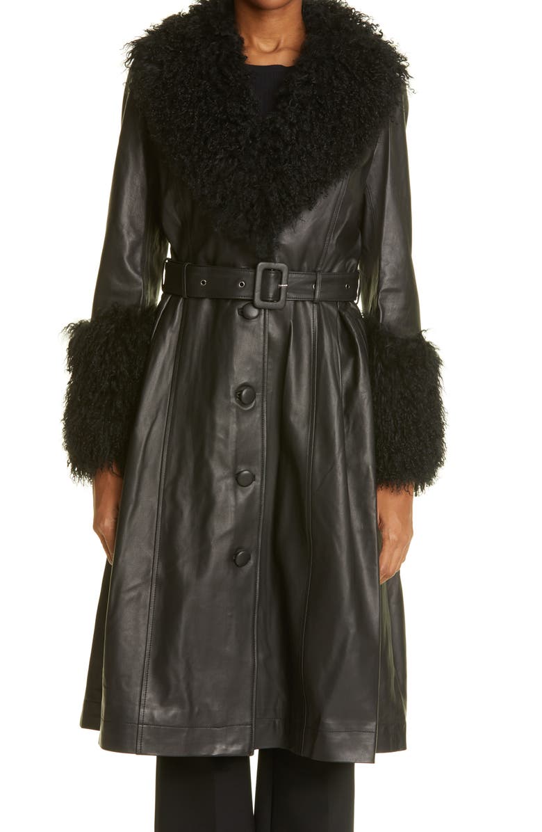 Saks Potts Foxy Genuine Shearling Trim Leather Coat, Main, color, 
