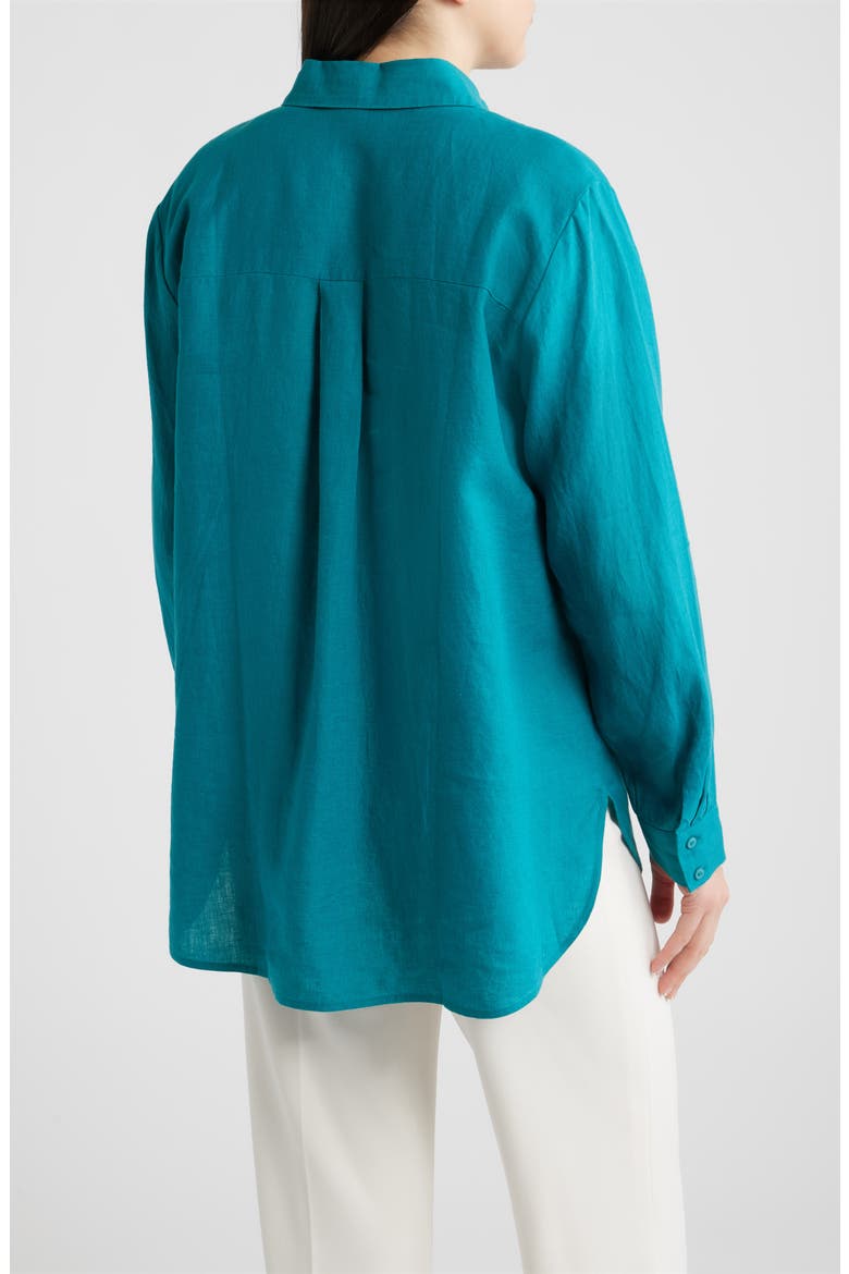 Classic Collar Organic Linen Long Button-Up Shirt, Alternate, color, TEAL