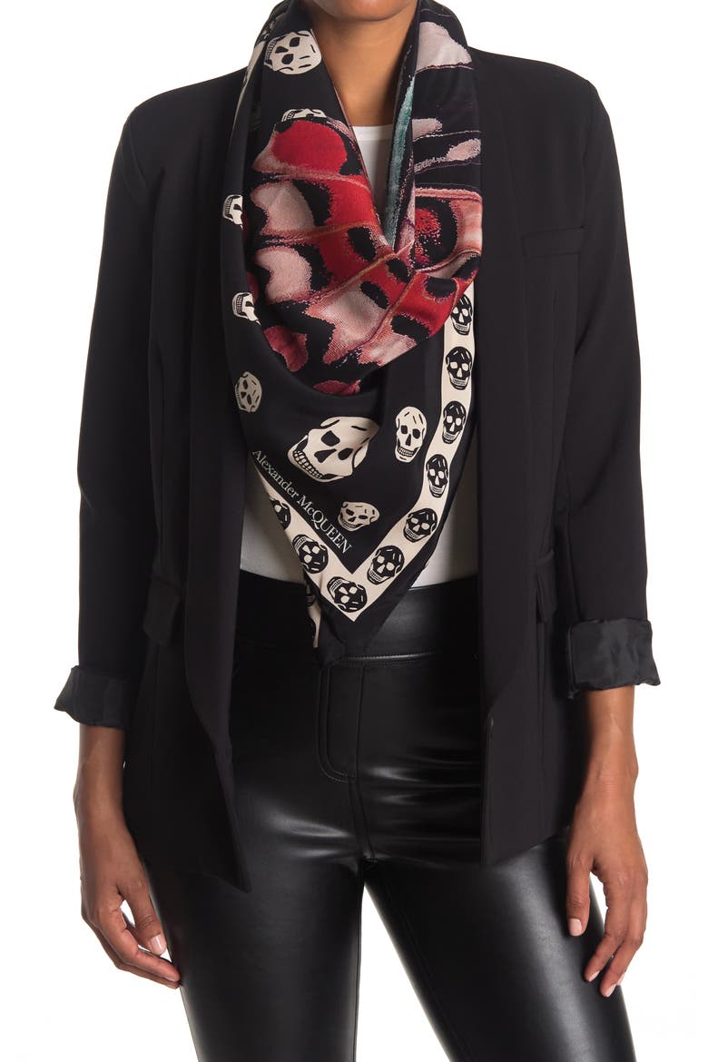 Alexander McQueen Giant Butterfly Skull Border Print Silk Scarf, Main, color, BLACK PINK