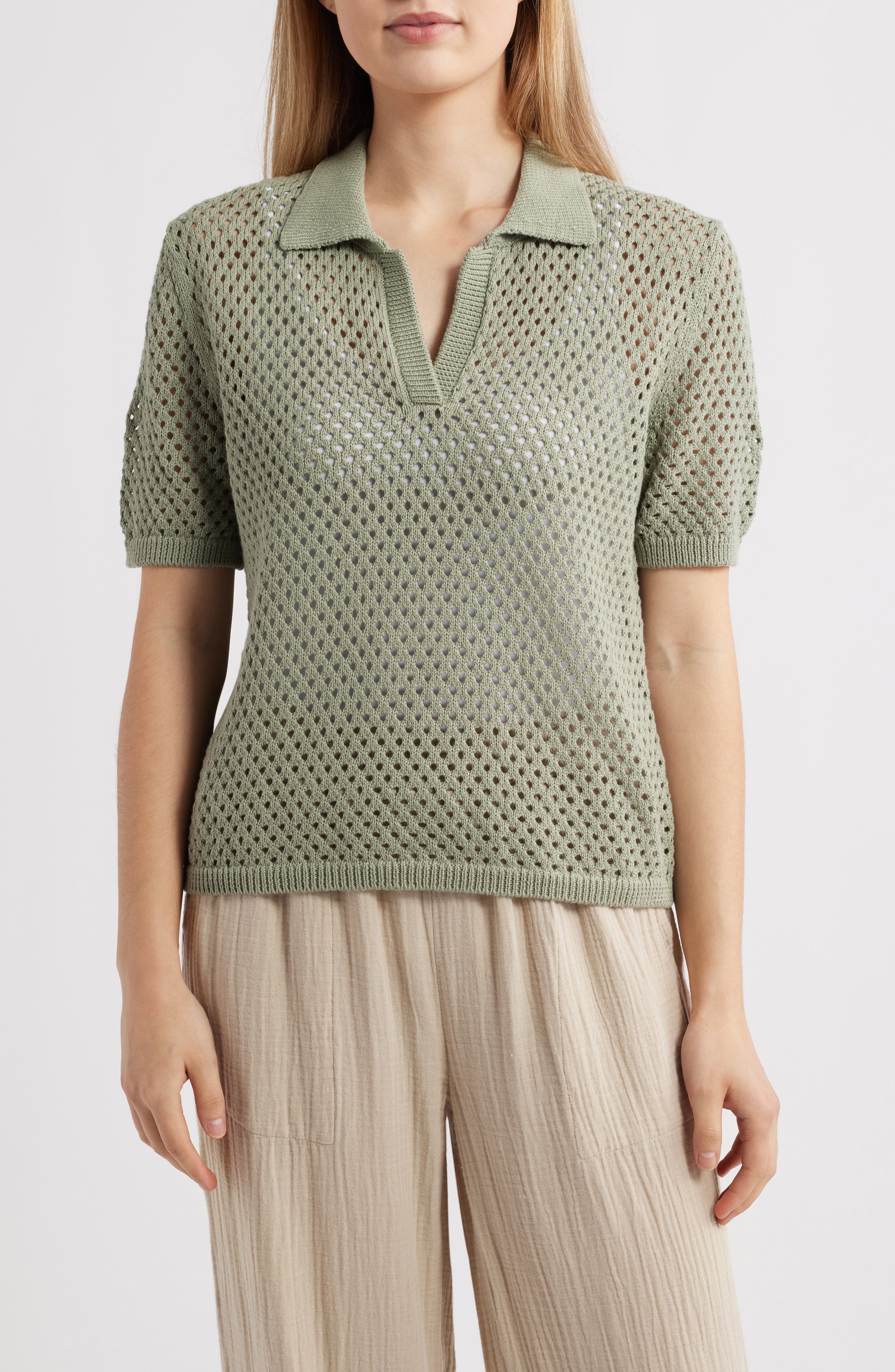 beachlunchlounge Tae Short Sleeve Open Knit Polo Sweater in Spring Sage 
