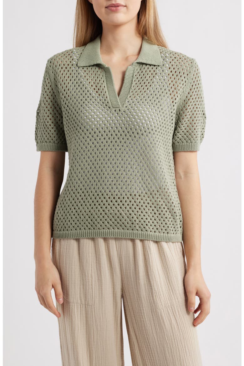 Tae Short Sleeve Open Knit Polo Sweater, Main, color, SPRING SAGE