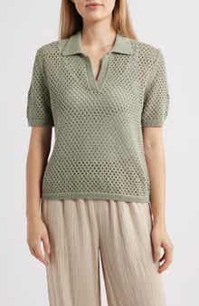 beachlunchlounge Tae Short Sleeve Open Knit Polo Sweater