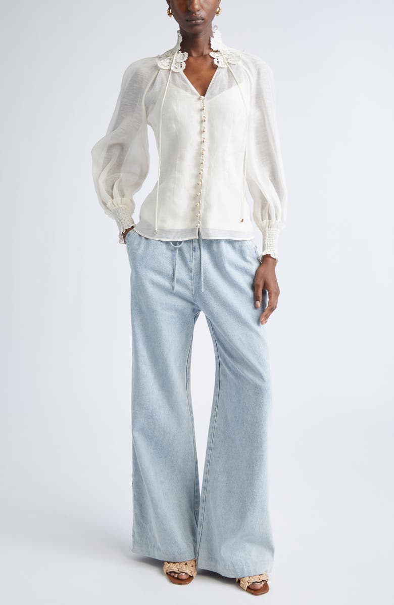 Zimmermann Rebellion Lace Trim Linen & Silk Shirt, Alternate, color, Cream